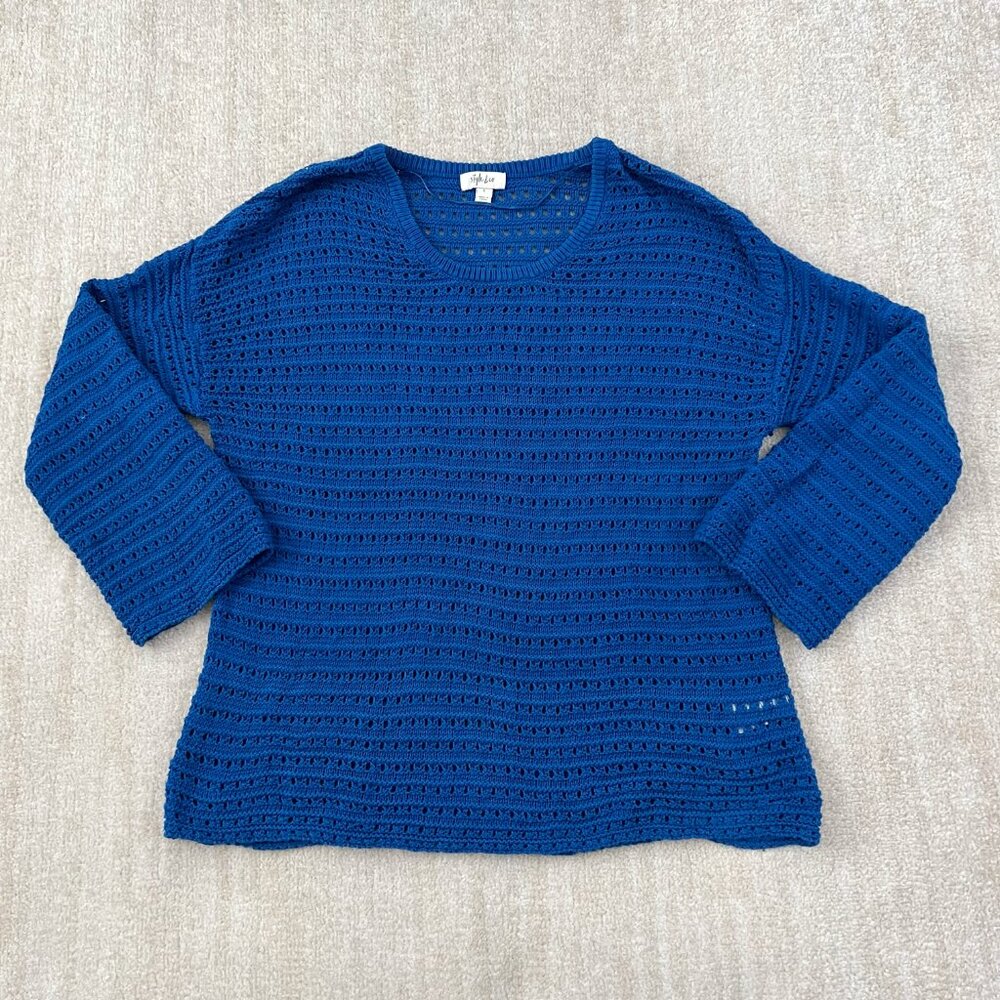 Style & Co Blue Cotton Boho Open Weave Sweater Knit Top L Summer Beach